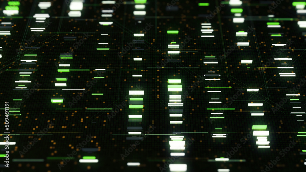 Poster code processing in circuit board, abstract server. animation. data moves in the form of rows of glow
