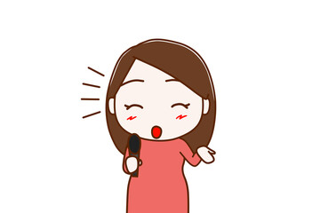 （上半身正面）笑顔でマイクを使ってインタビューする女性