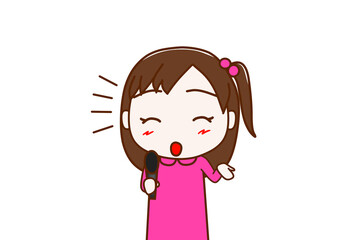 （上半身正面）笑顔でマイクを使ってインタビューする少女