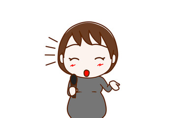 （上半身正面）笑顔でマイクを使ってインタビューする妊婦