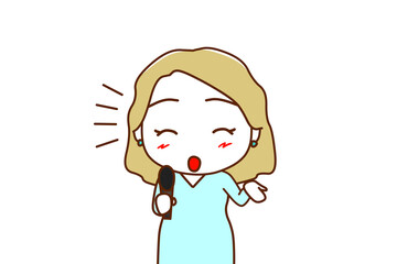 （上半身正面）笑顔でマイクを使ってインタビューする白人女性