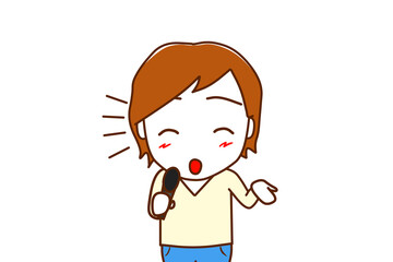 （上半身正面）笑顔でマイクを使ってインタビューする白人男性