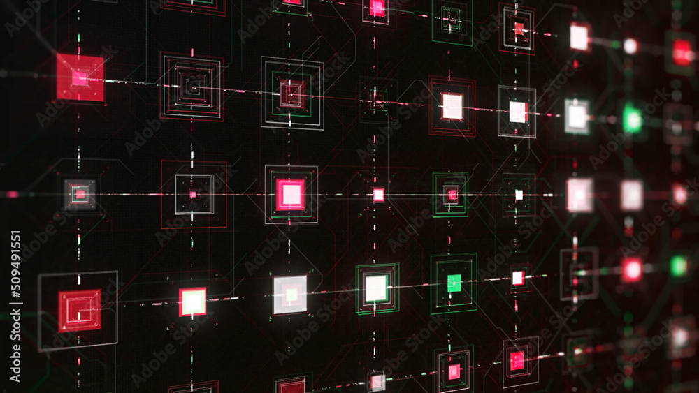 Poster abstract digital screen with many buttons, complex dashboard of a computer. animation. square shaped