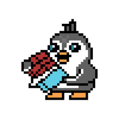 Fototapeta premium Happy penguin eating big chocolate bar, pixel art animal character isolated on white background. Old school retro 80s, 90s 8 bit slot machine, video game graphics. Cartoon confectionery mascot.