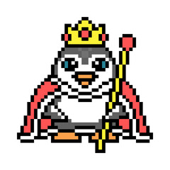 Fototapeta premium Monarch penguin in a red cape, golden crown with a scepter, pixel art animal character on white background. Old school retro 80s, 90s 8 bit slot machine, video game graphics. Cartoon king bird mascot.
