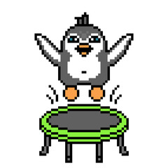 Penguin bouncing on a trampoline, pixel art animal character on white background. Retro 80s, 90s 8 bit slot machine, video game graphics. Cartoon jumping sport mascot. Kid activity. Gymnastics acrobat