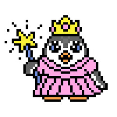 Fototapeta premium Princess penguin in a pink dress and golden crown with a magic wand, pixel art animal character on white background. Retro 80s, 90s 8 bit slot machine, video game graphics. Cartoon fairy tale mascot.