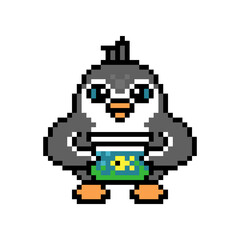 Penguin holding aquarium with a goldfish, pixel art animal character isolated on white background. Old school retro 80s, 90s 8 bit slot machine, video game graphics. Cartoon pet care mascot.