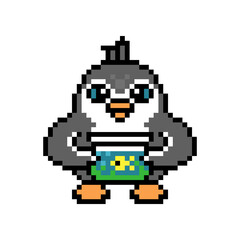 Obraz premium Penguin holding aquarium with a goldfish, pixel art animal character isolated on white background. Old school retro 80s, 90s 8 bit slot machine, video game graphics. Cartoon pet care mascot.