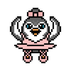 Ballet dancer penguin girl in a tutu dress and pointe shoes, pixel art animal character isolated on white background. Retro 80s, 90s 8 bit slot machine, video game graphics. Cartoon ballerina mascot.
