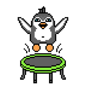 Penguin Bouncing On A Trampoline, Pixel Art Animal Character On White Background. Retro 80s, 90s 8 Bit Slot Machine, Video Game Graphics. Cartoon Jumping Sport Mascot. Kid Activity. Gymnastics Acrobat