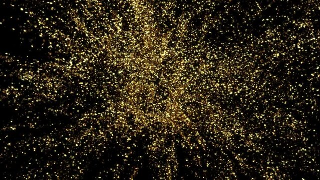 Abstract Golden glitter explosion in slow motion Bokeh background with shining defocus blurred sparkles dust macro close up with alpha channel
