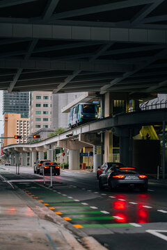 Traffic Miami City Train Metro Rail Mover Cars Lights Downtown 