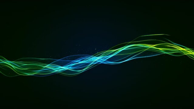 Beautiful abstract wavy lines technology backdrop blue cyan green yellow light wave digital effect particles Corporate concept can be used for visuals vj presentations as motion background Loop 4k