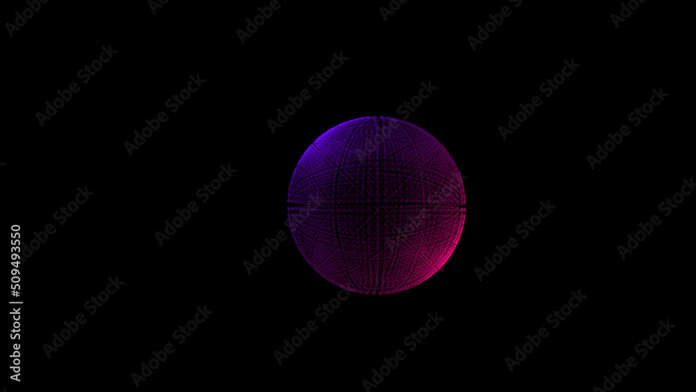 Poster abstract animation of rotating sphere decaying into multicolored moving particles on black backgroun