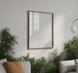 White room interior design 3d render with mockup frame and plants