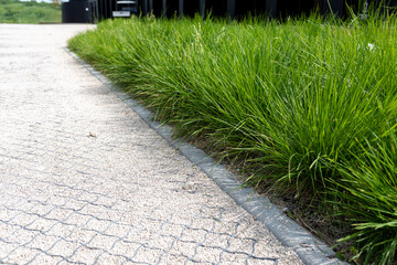 Fragment of pedestrian path made of fine gravel reinforced with geogrid next to grass garden bed. Architecture of urban space, modern technologies of road construction