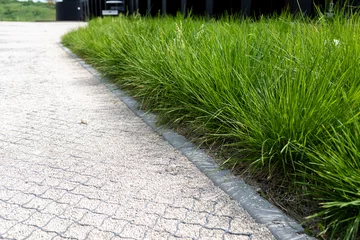Foto op Canvas Fragment of pedestrian path made of fine gravel reinforced with geogrid next to grass garden bed. Architecture of urban space, modern technologies of road construction © LariBat