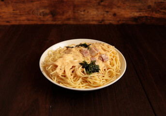 Pasta carbonara on the table