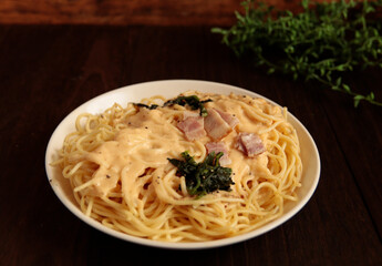 Pasta carbonara on the table