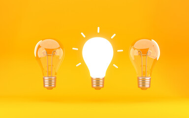 Idea concept with lit light bulb and two not burning on yellow background. Creative thought startup business reflection on yellow bacground. 3d rendering