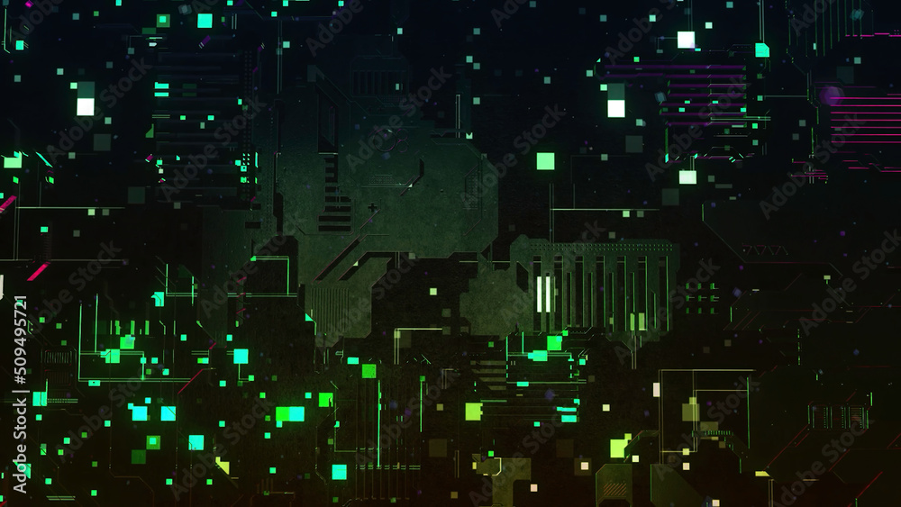Poster abstract dark circuit board with many details and moving elements, seamless loop. motion. technologi