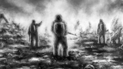 Three soldiers in chemical protection suits on scorched earth. Dead lands with ruins. End of the world and life after nuclear war. Spooky illustration. Horror fiction genre. Coal and noise effect.