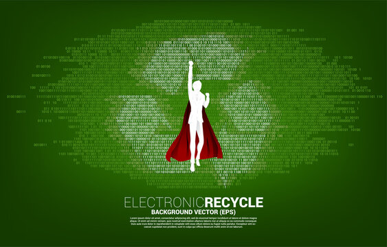 Silhouette of man in superhero suit flying with Recycle icon from binary code. background for take care and save the environment.