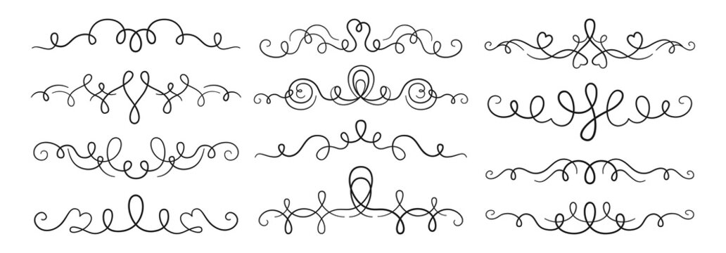 Swirl divider ornament filigree calligraphic set. Vintage borders curls flourishes decoration. Modern frame wedding decor, romantic decorative swirles scroll. Element design for menu, invitation