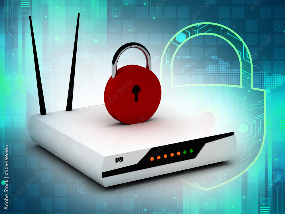 Poster 3d rendering wifi modem with pad lock digital background