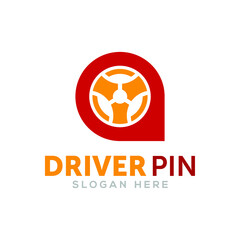 Driver pin, point, and place logo design template. Driver and pin, point, and place logo concept for driving, taxi, travel, agency and rent car.