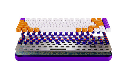 Naklejka premium Keyboard in section, internal parts, 3D render. Disassembled Keyboard, isolated on a white background. Mechanical Keyboard Parts: Keycaps, Switches, Gasket, PCB