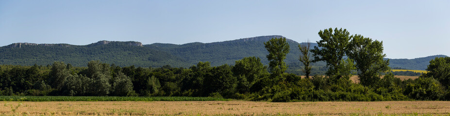 Panoramic terrain of southern Europe. Landscape of Bulgaria-mountains, fields, flora.
