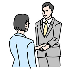 握手をしているスーツを着た若い男女