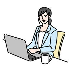 パソコンを笑顔で操作しているスーツを着た若い女性