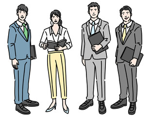 資料を持って立っているスーツを着たプロジェクトチーム