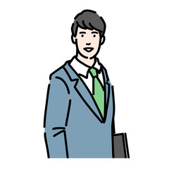 資料を持って笑顔で立っているスーツを着た若い男性