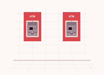 Two ATM Machine Outside Building Wall. Outdoor Automated Teller Machine.