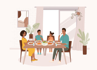 Black Family With Two Children Eating Dinner Together At Home. Full Length. Character, Cartoon.