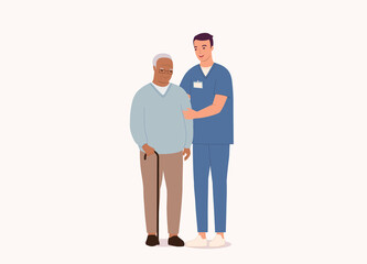 Smiling White Male Nurse With Medical Scrubs Helping Black Senior Man. Full Length. Character, Cartoon.