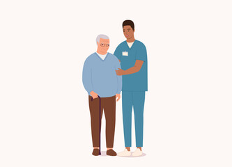 Smiling Black Male Nurse With Medical Scrubs Helping White Senior Man. Full Length. Character, Cartoon.