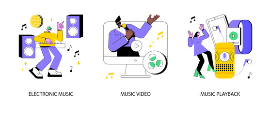 Music industry abstract concept vector illustration set. Electronic music, videoclip production, recorded audio broadcasting, internet streaming, night club party, rave culture abstract metaphor.