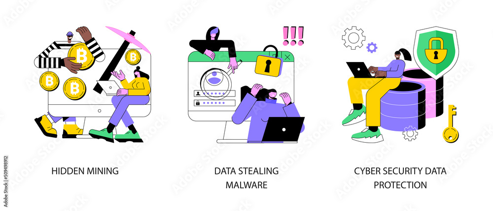 Poster cyber crime abstract concept vector illustration set. hidden mining, data stealing malware, cyber se