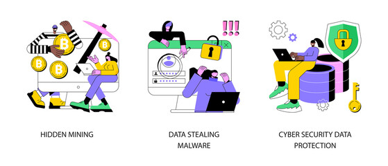 Cyber crime abstract concept vector illustration set. Hidden mining, data stealing malware, cyber security data protection, miner bot, script development, hacker attack, cyberattack abstract metaphor.