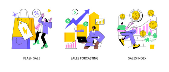 Retail profit plan abstract concept vector illustration set. Flash sale, sales forcasting and index, special offer, e-commerce shop promotion, business statistics, performance abstract metaphor.