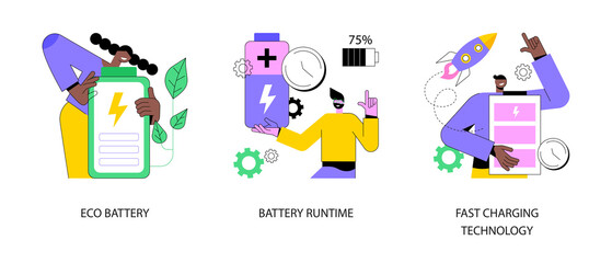 Rechargeable battery abstract concept vector illustration set. Eco battery runtime, fast charging technology, energy capacity, storage technology, environmentally friendly solution abstract metaphor.