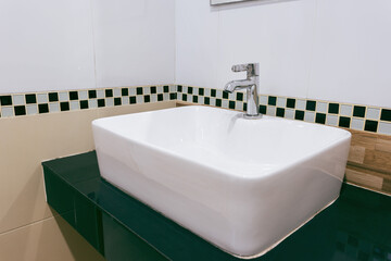 Interior of bathroom with sink basin faucet. Modern design of bathroom. - obrazy, fototapety, plakaty