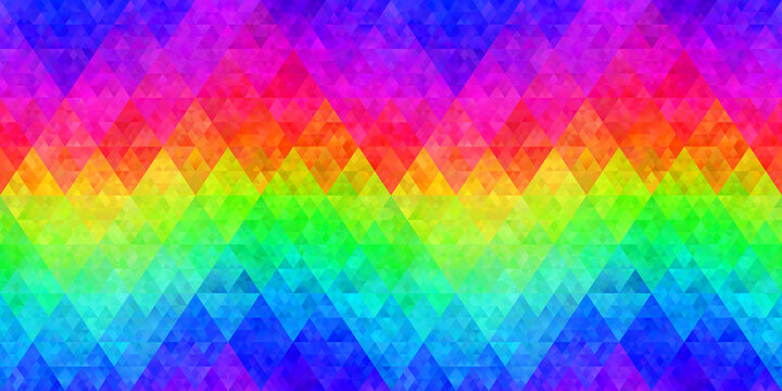 Seamless Colorful Rainbow Triangle Pattern. Low Poly Optical Light Spectrum Mosaic Background Texture. Abstract LGBTQ pride flag diversity concept backdrop. High resolution Wallpaper 3D Rendering.