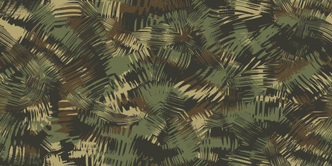 Seamless military or hunting camouflage pattern in army green and forest brown. A tileable abstract tiger stripe glass refraction artistic contemporary camo texture. High Resolution 3D Rendering.. - obrazy, fototapety, plakaty