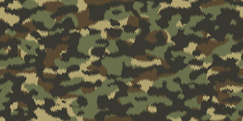 Seamless ethnic ikat military or hunting camouflage pattern in army green,forest brown,sage and khaki. A tileable abstract contemporary camo fashion design texture. High Resolution 3D Rendering.. - obrazy, fototapety, plakaty